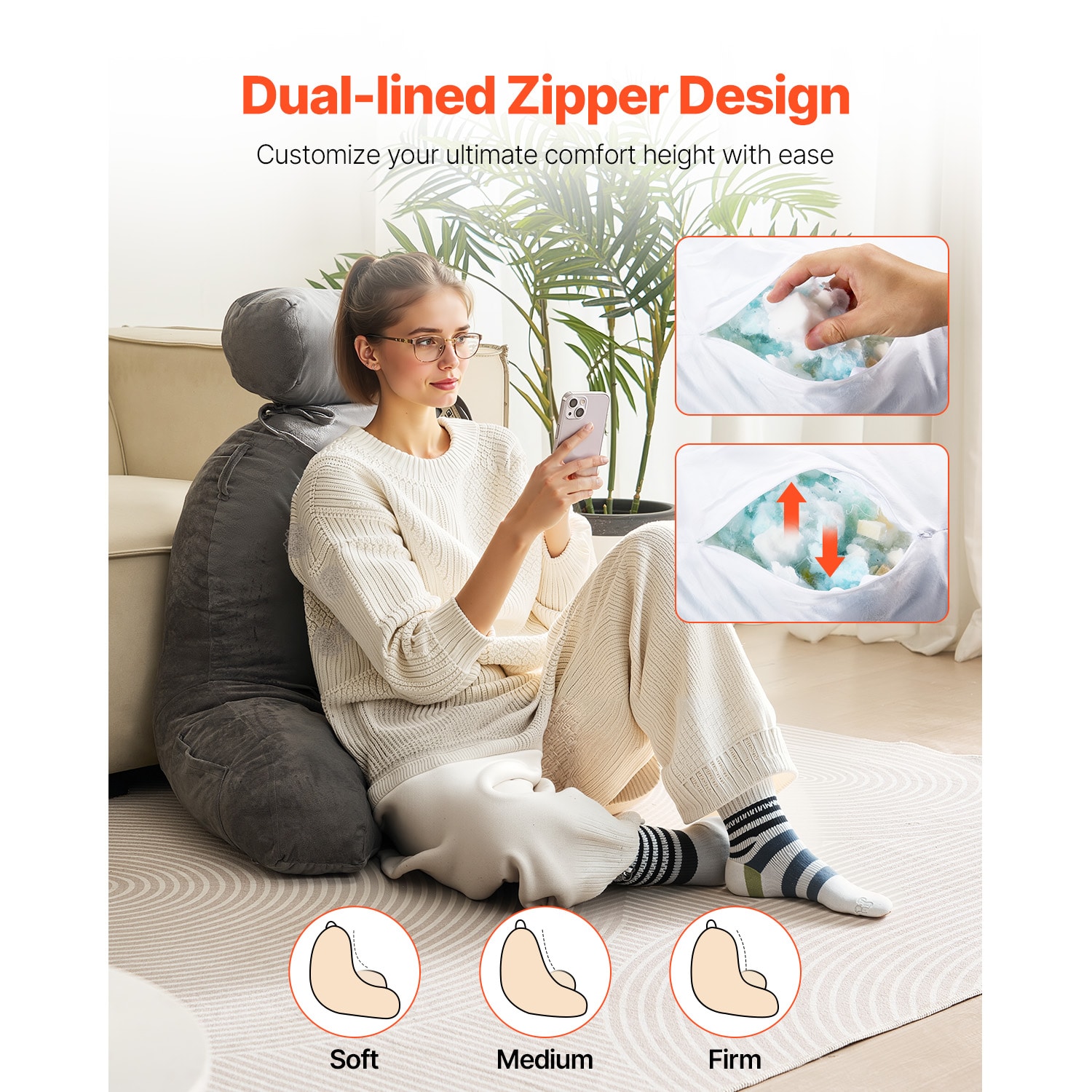 Grey Reading Pillow With Memory Foam, Back Support And Pockets_voghion.com